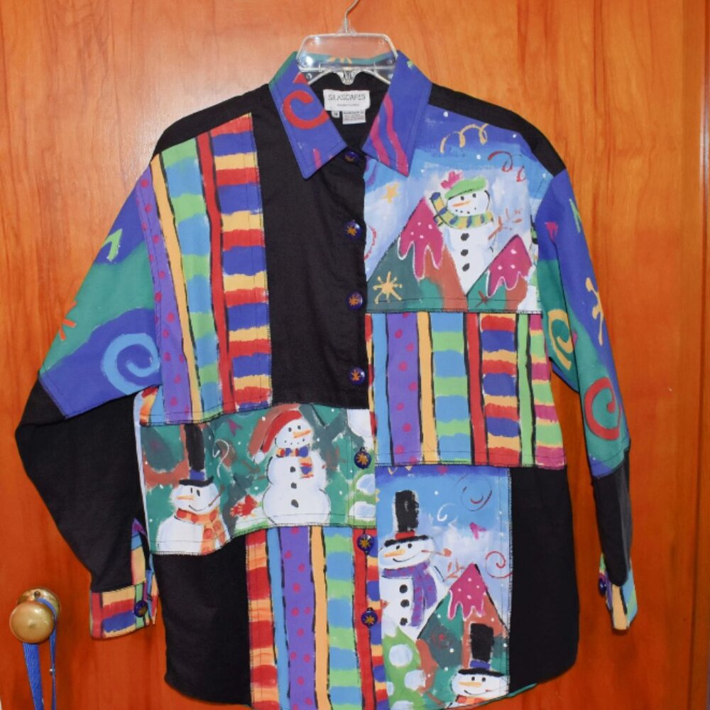 Silkscapes Unstructured Hand Painted Shirt or Unlined Jacket Snowmen Winter Wond